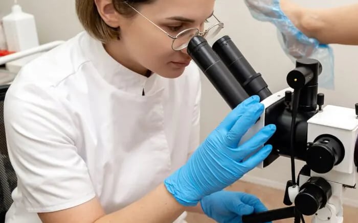 Profissional de jaleco branco ajustando o colposcópio durante o exame